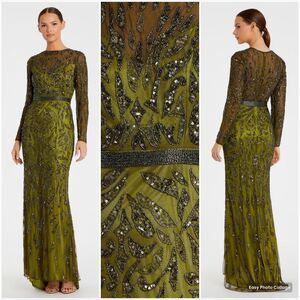 MAC DUGGAL 5124 Green Beaded Long Sleeve Evening Gown Size 6